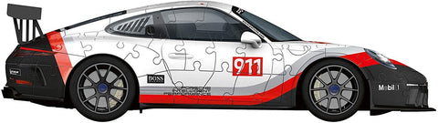 Dėlionė su Porsche 911 lenktyniniu automobiliu, baltai–raudona spalvų schema, šoninis profilis, 500 dalių