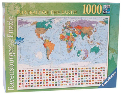 Dėlionė Ravensburger 1000 detalių – pasaulio žemėlapis ant dėžutės priekio su vėliavų juosta ir regionų žymėjimu