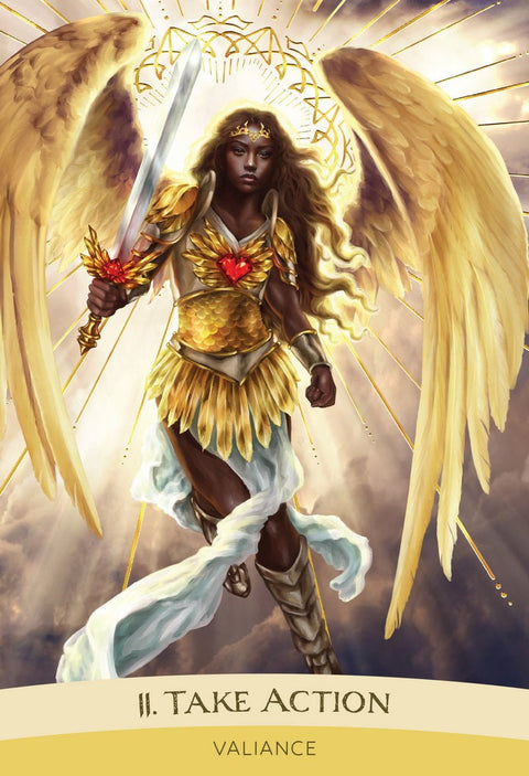 Tarot korta Take Action su auksine angelo iliustracija ir kardą laikančia figūra, skirta drąsai ir veiksmui