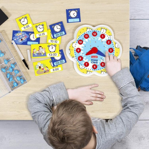 Mokomasis laikrodis Primo Clock mėlynas–geltonas gėlės formos, vaikas reguliuoja rodykles naudodamas laiko korteles