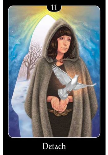 Tarot korta Detach — uždengta moteris prieš snieguotą arką paleidžia baltą balandį kaip atsiribojimo ir laisvės simbolį