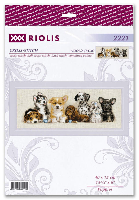 Siuvinėjimo rinkinys Riolis su kelių veislių šuniukų dizainu, 40×15 cm darbinis plotas, pakuotės priekis