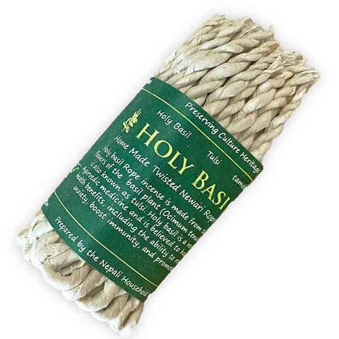 Smilkalai iš šventojo baziliko, rankų darbo susuktos virvelės su žaliu etiketės apvyniojimu, aromatiniam valymui namuose