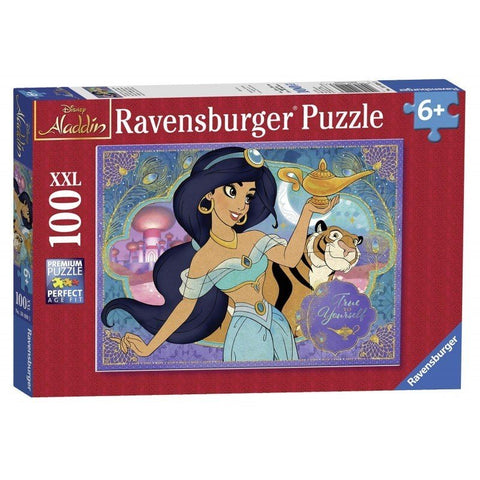 Dėlionė Ravensburger 100 XXL su Disney Aladdin Jasmina ir tigrų motyvu, raudona priekinė pakuotė prekės puslapyje