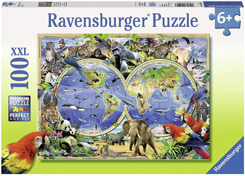 Puzzle Ravensburger 100 XXL su dvigubu pasaulio žemėlapiu ir gyvūnų iliustracijomis, 100 didelių detalių