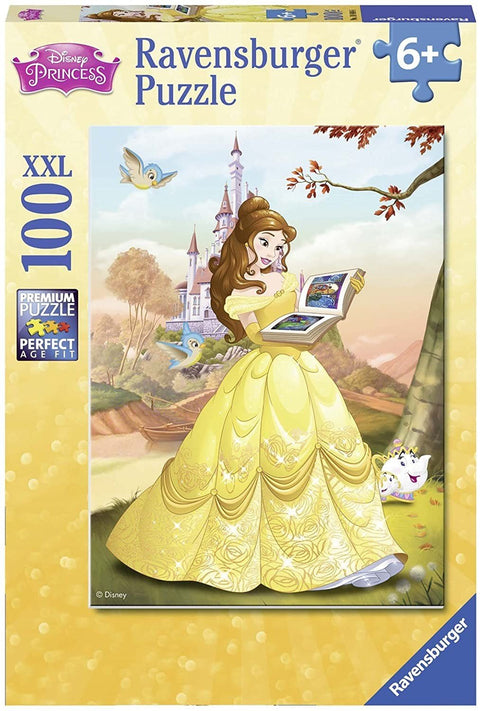 Ravensburger dėlionė 100 XXL su Disney princesės Bel iliustracija, geltona suknia ir pilis fone