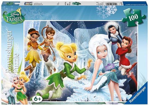 Dėlionė Ravensburger 100 det., Disney Fairies žiemos fėjų scena su Tinker Bell žalia suknele ir sniego fėja, 6+