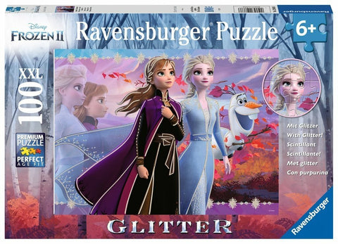 Dėlionė Ravensburger 100 dalių XXL „Frozen II“ su blizgučiais, Anna, Elsa ir Olaf rudeniškame fone