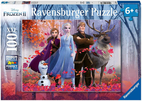 Dėlionė Ravensburger XXL 100 detalių — Frozen II motyvas su Elsa, Anna, Kristoff, Olafu ir Svenu rudeninėje scenoje