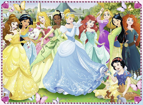 Dėlionė su Disney princesėmis, grupinis motyvas su Pelenės mėlyna suknele, Arielės, Tianos, Bellės ir kitų herojų ansambliu