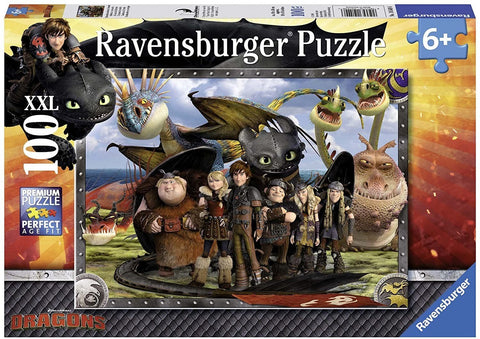 Dėlionė Ravensburger 100 XXL su How to Train Your Dragon veikėjų grupe ant dėžutės priekinio pavaizdavimo