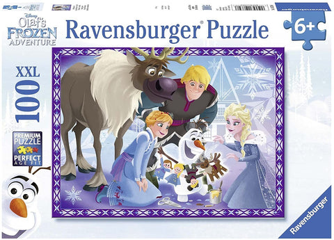 Puzlė Ravensburger 100 dalių XXL su Frozen herojais Anna, Elsa, Olaf ir elniu Sven ant dėžutės priekyje