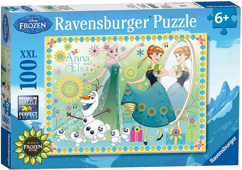 Dėlionė Ravensburger 100 dalių, XXL, su Ana, Elsa ir Olafu ryškiais žaliais ir mėlynais ornamentais