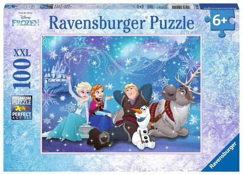Dėlionė Ravensburger 100 dalių XXL Disney Frozen – dėžutės priekinis piešinys su Elza, Ana, Kristofu, Olafu ir Svenu