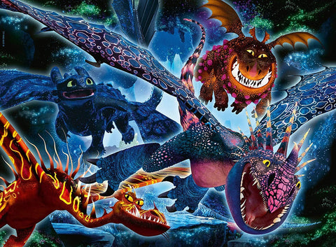 Dėlionė su spalvingais „How to Train Your Dragon“ drakonais skraidančiais per ledo ir žvaigždžių peizažą