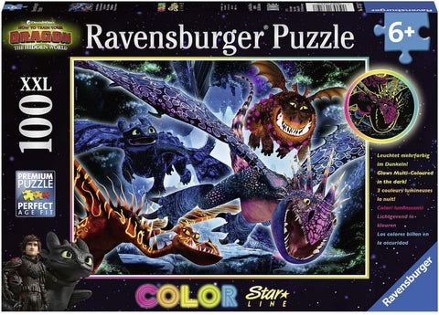Ravensburger dėlionė XXL 100 dalių, spalvota Color Star versija su „How to Train Your Dragon“ drakonais, šviečia tamsoje