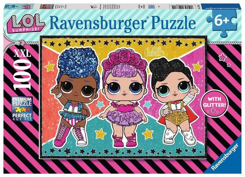 Dėlionė Ravensburger 100 dalių XXL su blizgiu efektu, spalvingas LOL Surprise vaikiškas dizainas su trimis lėlėmis