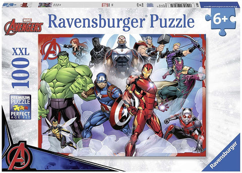 Ravensburger dėlionė Avengers, 100 XXL dalių, vaikams nuo 6 m., dėžutės priekinis piešinys su Iron Man, Hulk, Kapitonas Amerika ir kitais keršytojais