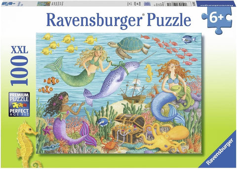 Dėlionė Ravensburger 100 XXL, spalvingas povandeninis siužetas su undinėmis, lobio skrynia ir jūros gyvūnais