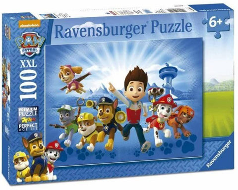 Dėlionė Ravensburger Paw Patrol, 100 dalių XXL, 6+ amžiui, dėžutės priekyje matoma animuotų herojų kompozicija