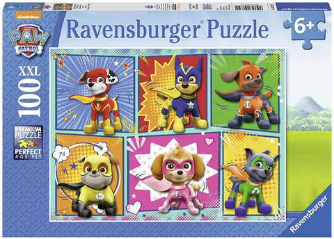 PAW Patrol dėlionė Ravensburger, 100 dalių XXL pakuotė su spalvotais superherojų šuniukais, pažymėta amžiui 6+