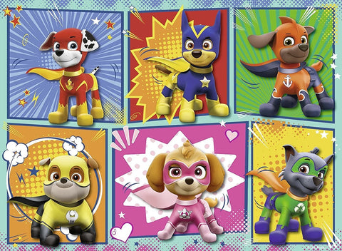 Dėlionė Paw Patrol su šešių herojų superherojų kostiumais, ryškios spalvos ir kvadratinis koliažas vaikams