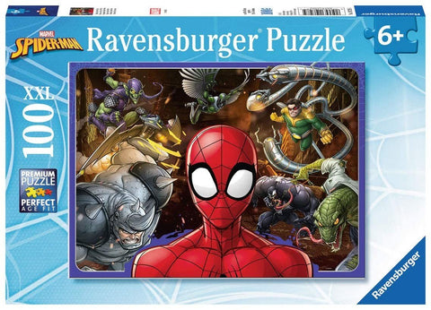 Spider-Man dėlionė Ravensburger XXL, 100 dalių, ryški scena su Žmogumi‑voriu centre ir keliomis priešų figūromis