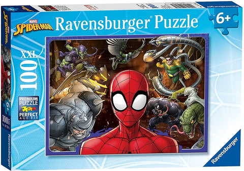 Dėlionė Ravensburger Spider-Man, 100 detalių XXL, skirta 6+, ryškus raudonas Žmogus‑voras centre, keli piktadariai fone