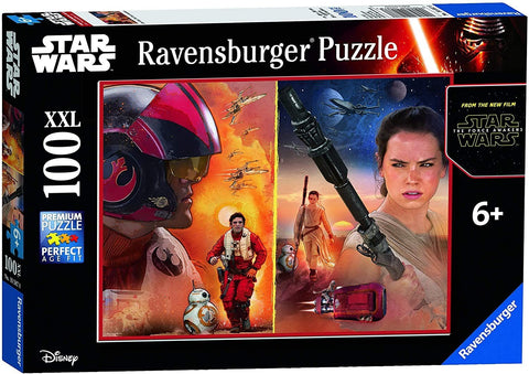 Dėlionė Ravensburger Star Wars XXL, 100 dalių, dėžutė su Rey, Poe Dameron ir BB‑8 iliustracija ryškiose oranžinė‑mėlynėse spalvose