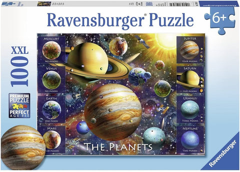 Dėlionė Ravensburger 100 dalių XXL su spalvingu planetų piešiniu ant dėžutės priekio, skirta 6+ vaikams