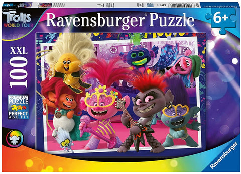 Dėlionė Ravensburger XXL 100 dalių, premium, spalvingi Trolls World Tour veikėjai ant scenos – dėžutės priekis, rekomenduojama 6+