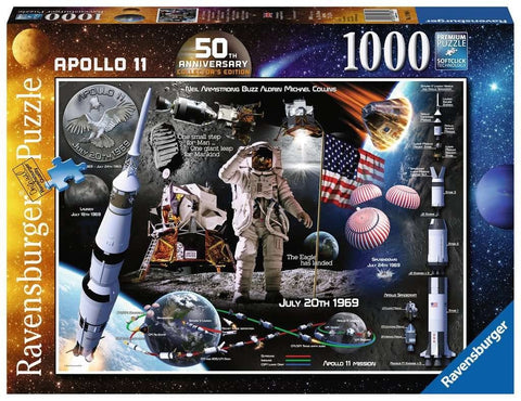 Dėlionė Ravensburger 1000 dalių „Apollo 11“ kolekcinė versija su Mėnulio nusileidimo koliažu, astronautu ir JAV vėliava