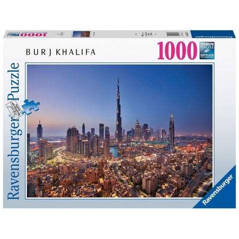 Dėlionė Ravensburger 1000 detalių, Dubajaus panorama su Burj Khalifa prieblandoje; pakuotės priekis pardavimo puslapyje