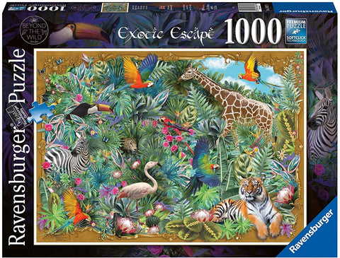 Dėlionė Exotic Escape 1000 det., spalvinga tropikų scena ant dėžutės su tigru, žirafa, zebru ir papūgomis