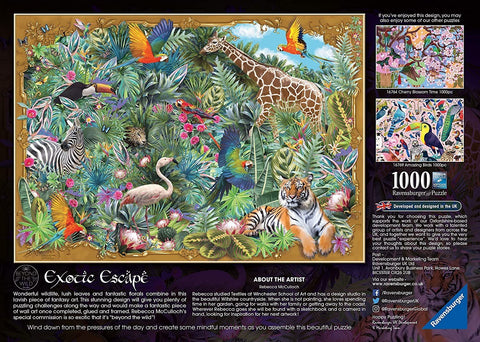 Dėlionė Ravensburger 1000 dalių "Exotic Escape" su tropikų gyvūnų ir augalų iliustracija, dėžutės dizainas