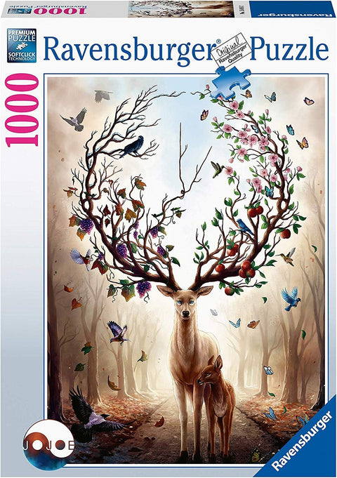 Dėlionė Ravensburger 1000 detalių, pakuotės priekinė dalis su elniu ir spalvingais ragų ornamentais (gėlės, vaisiai), standartinis dydis