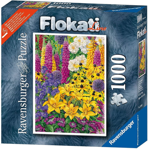 dėlionė Ravensburger 1000 dalių su spalvingu gėlių piešiniu dėžutės priekyje, ryškios geltonos lelijos ir lupinos