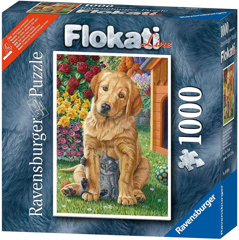 dėlionė Ravensburger 1000 dalių FlokaLine: auksaspalvis šuniukas ir pilkas kačiukas sode ant dėžutės priekio