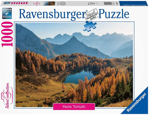 Dėlionė Ravensburger 1000 detalių, rudeninė alpiško ežero panorama su aukso spalvos medžiais ir kalnais