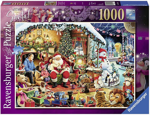 Dėlionė Ravensburger 1000 dalių, limituota kalėdinė scena su Kalėdų Seneliu ir žaislais, pakuotės priekinė dalis