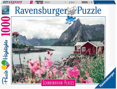 Dėlionė Ravensburger 1000 d., skandinaviškas peizažas su raudonu nameliu prie fjordo ir ryškiomis rožinėmis gėlėmis