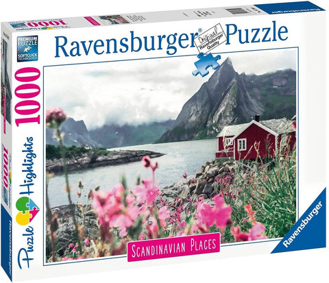 Dėlionė Ravensburger 1000 dalių, dėžėje skandinaviškas raudonas namelis prie fjordo ir rožinės gėlės
