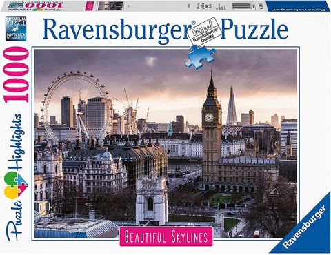 Dėlionė Ravensburger 1000 detalių Londonas – Big Benu ir London Eye saulėlydžio panorama, skirta sudėlioti