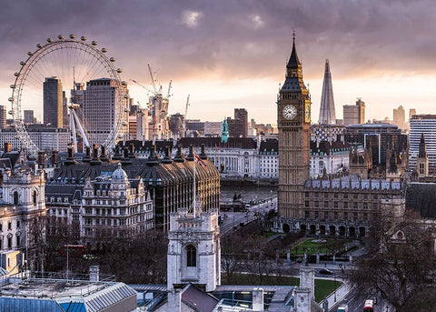 Londono plakatas su Big Benu ir London Eye panoramine vakaro šviesos scena, 60×40 cm peizažo formatu