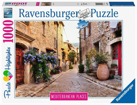 Puzzle Ravensburger 1000 detalių, Mediterranean Places pakuotė su akmenuota Viduržemio gatve, gėlėmis ir raudona durimi