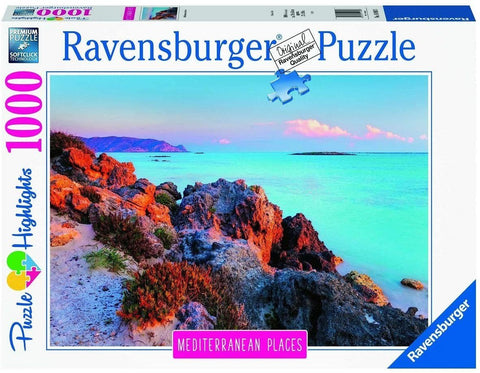 Puzzle Ravensburger 1000 dalių — spalvingas Viduržemio jūros akmenuotas krantas saulėlydžio atspalviais
