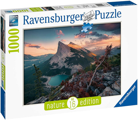 Ravensburger dėlionė 1000 det., Nature Edition, balta dėžutė su kalnų ežero ir saulėlydžio scena ant priekio