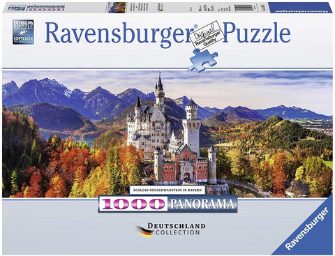 Dėlionė Ravensburger 1000 dalių panorama Neuschwanstein ant dėžės, rudeninė spalvų paletė ir Alpės fone