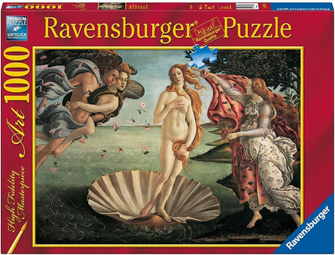 Dėlionė Ravensburger 1000 detalių su Botticelli Veneros gimimu, klasikinis piešinys ant raudonos dėžės