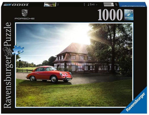 Ravensburger 1000 dalių dėlionė su raudonu klasikinio Porsche 356 prieš medinį užmojo namą ir saulės spinduliais